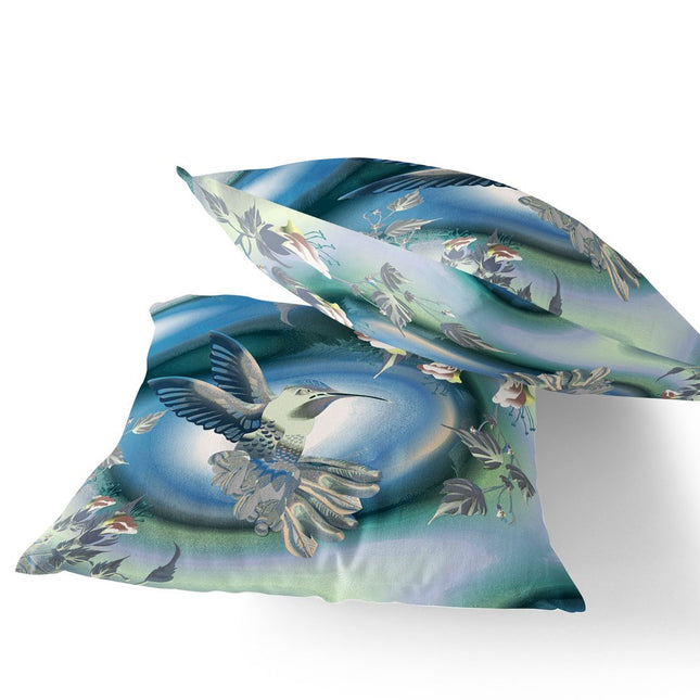 Set of Two White Blue And Gray Bird Indoor Outdoor Throw Pillow