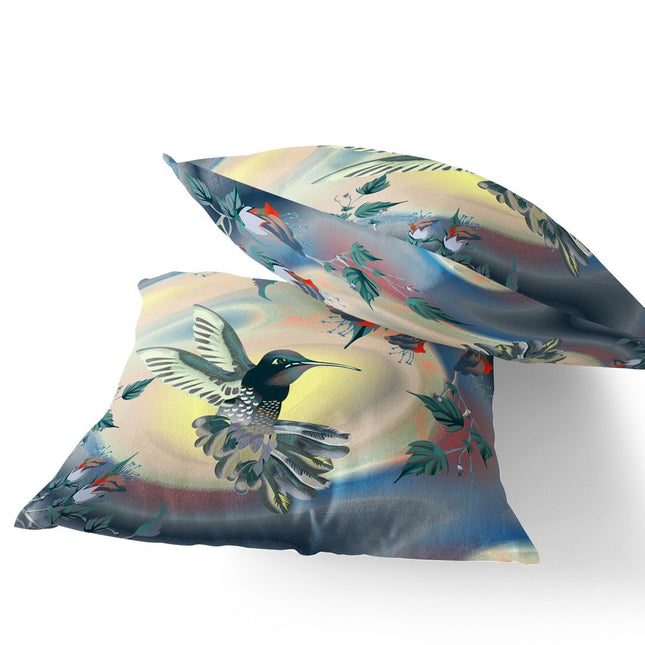Set of Two Yellow Green And Blue Bird Indoor Outdoor Throw Pillow