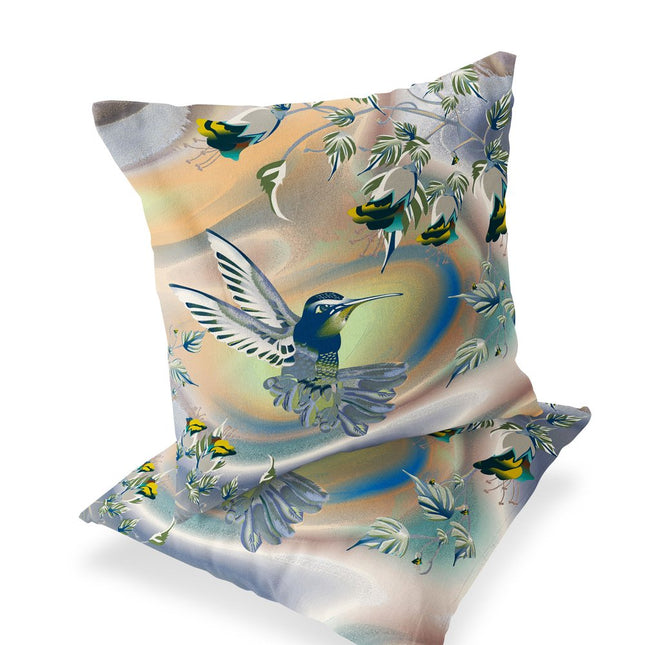Set of Two Yellow Orange And Blue Bird Indoor Outdoor Throw Pillow
