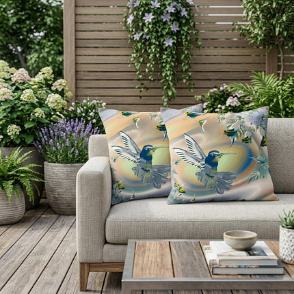 Set of Two Yellow Orange And Blue Bird Indoor Outdoor Throw Pillow