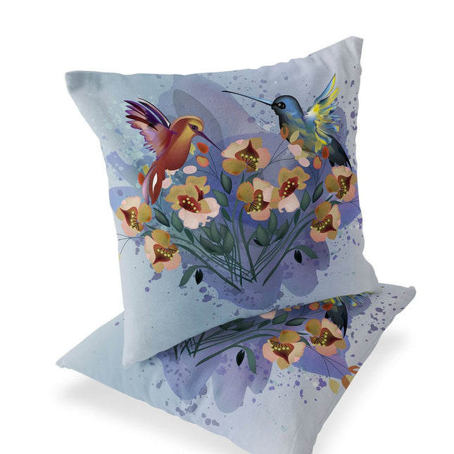 Set of Two Green Yellow And Blue Bird Indoor Outdoor Throw Pillow