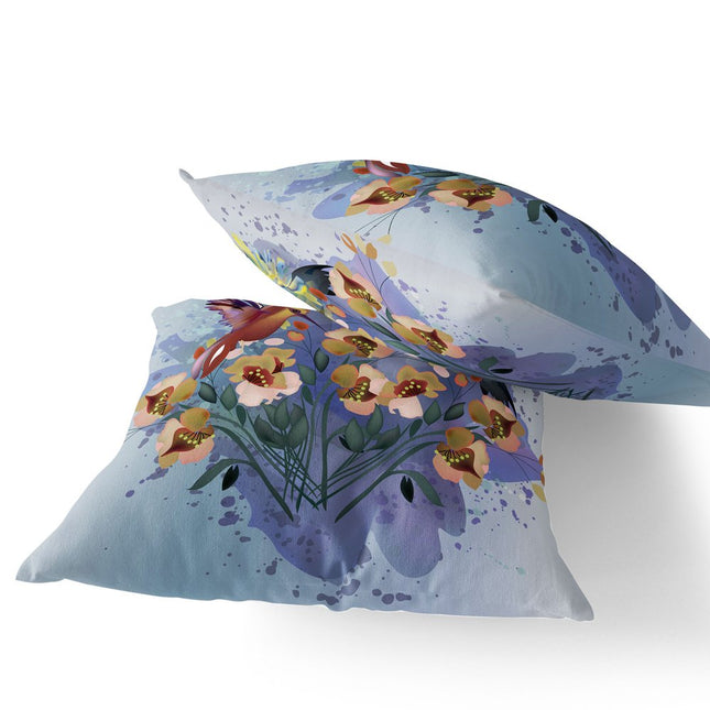 Set of Two Green Yellow And Blue Bird Indoor Outdoor Throw Pillow