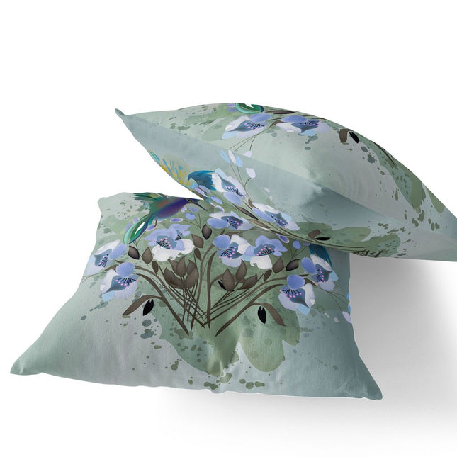 Set of Two Green And Blue Bird Indoor Outdoor Throw Pillow