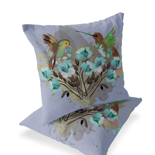 Set of Two Green Brown And Gray Bird Indoor Outdoor Throw Pillow