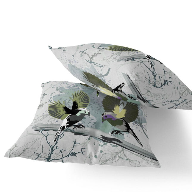 Set of Two Olive Green Green And Off White Bird Indoor Outdoor Throw Pillow HomeRoots