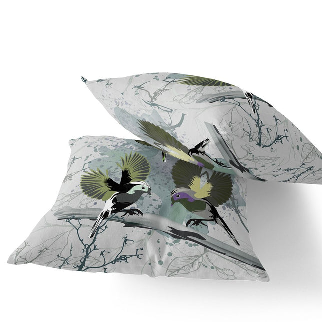 Set of Two Olive Green Green And Off White Bird Indoor Outdoor Throw Pillow