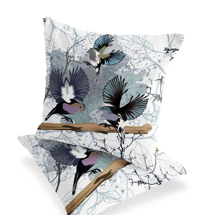 Set of Two White Gray And Black Bird Indoor Outdoor Throw Pillow