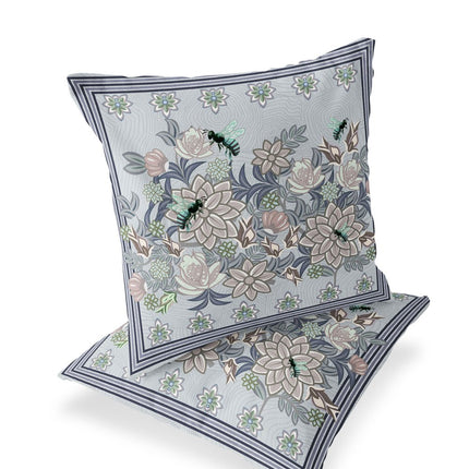 Set of Two Gray Purple Brown And Green Bee Floral Indoor Outdoor Throw Pillow