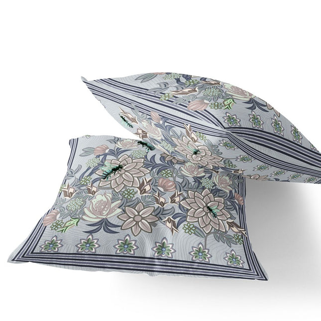 Set of Two Gray Purple Brown And Green Bee Floral Indoor Outdoor Throw Pillow