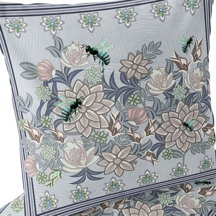 Set of Two Gray Purple Brown And Green Bee Floral Indoor Outdoor Throw Pillow