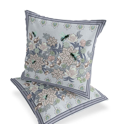 Set of Two Gray Purple Brown And Green Bee Floral Indoor Outdoor Throw Pillow HomeRoots