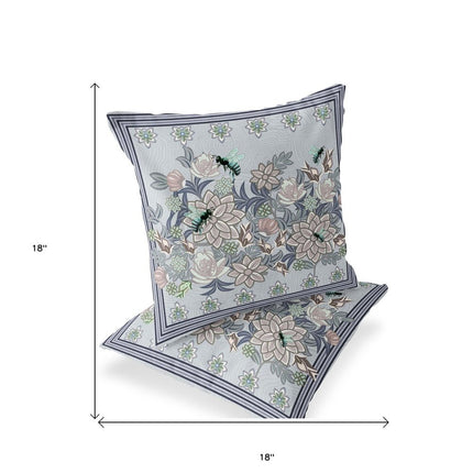 Set of Two Gray Purple Brown And Green Bee Floral Indoor Outdoor Throw Pillow