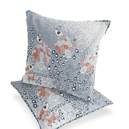 Set of Two Gray And Blue Peacock Indoor Outdoor Throw Pillow