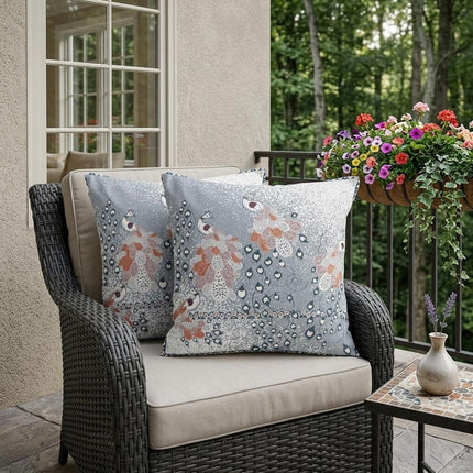 Set of Two Gray And Blue Peacock Indoor Outdoor Throw Pillow HomeRoots