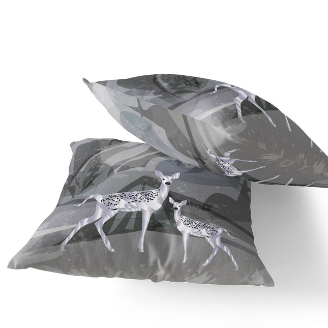 Set of Two Silver And Black Deer Indoor Outdoor Throw Pillow