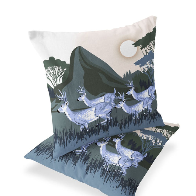 Set of Two Blue Dark Green And Off White Reindeer Indoor Outdoor Throw Pillow