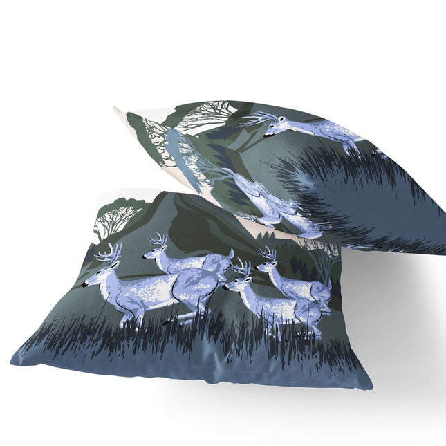 Set of Two Blue Dark Green And Off White Reindeer Indoor Outdoor Throw Pillow