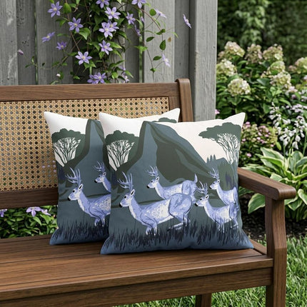 Set of Two Blue Dark Green And Off White Reindeer Indoor Outdoor Throw Pillow HomeRoots