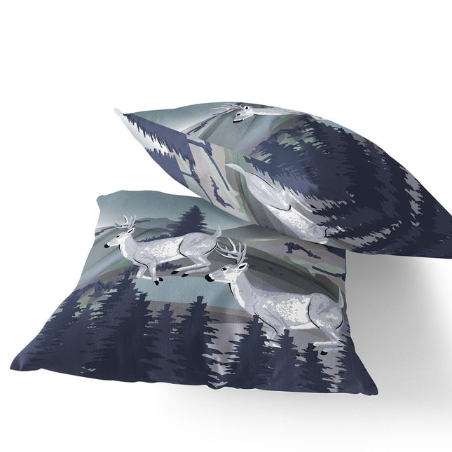 Set of Two Gray And Blue Reindeer Indoor Outdoor Throw Pillow
