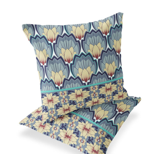 Set of Two Yellow And Gray Floral Indoor Outdoor Throw Pillow HomeRoots