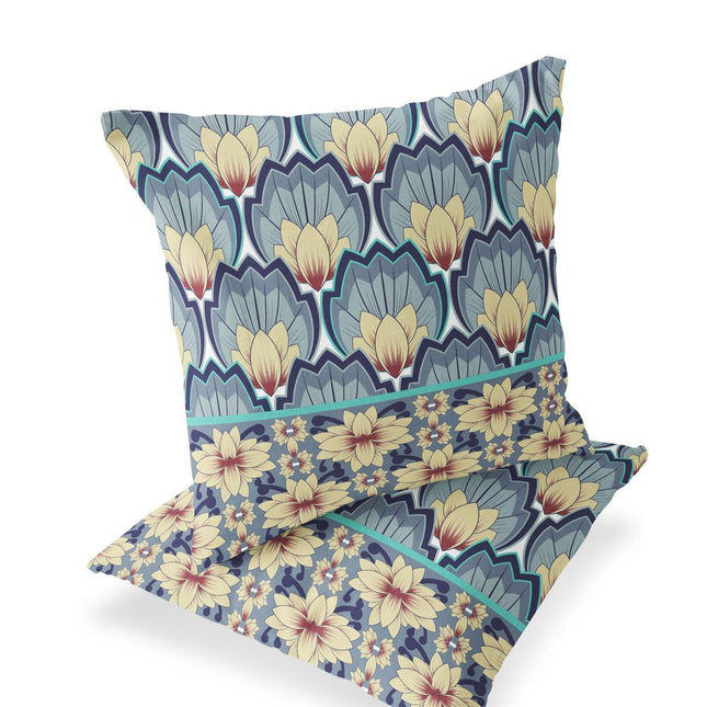 Set of Two Yellow And Gray Floral Indoor Outdoor Throw Pillow