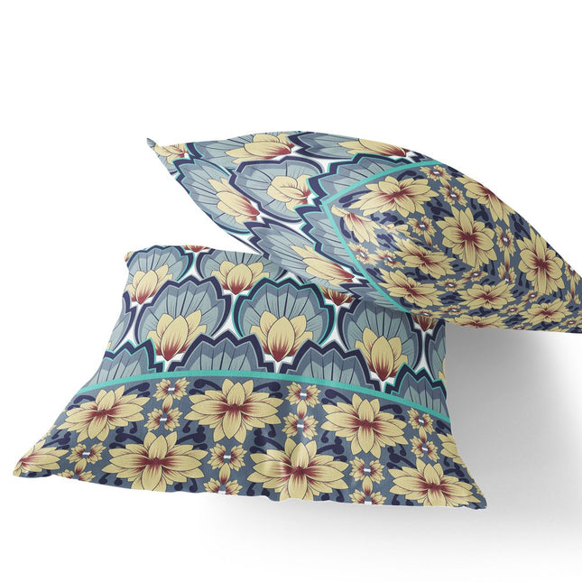 Set of Two Yellow And Gray Floral Indoor Outdoor Throw Pillow