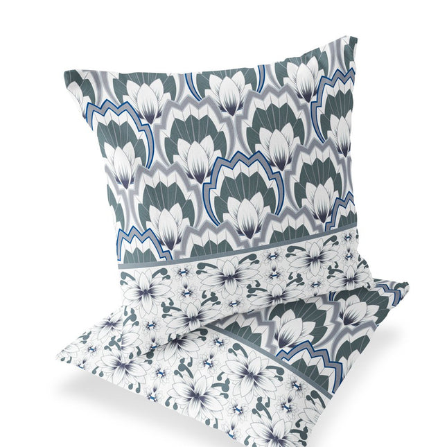 Set of Two Gray And Blue Floral Indoor Outdoor Throw Pillow