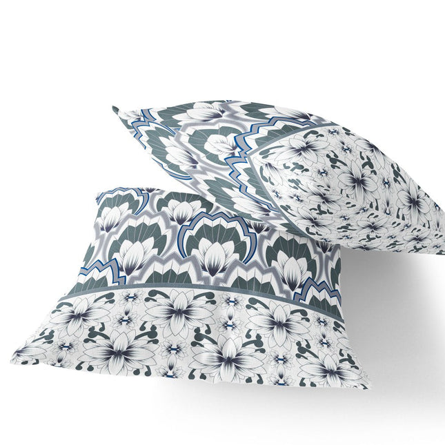Set of Two Gray And Blue Floral Indoor Outdoor Throw Pillow HomeRoots