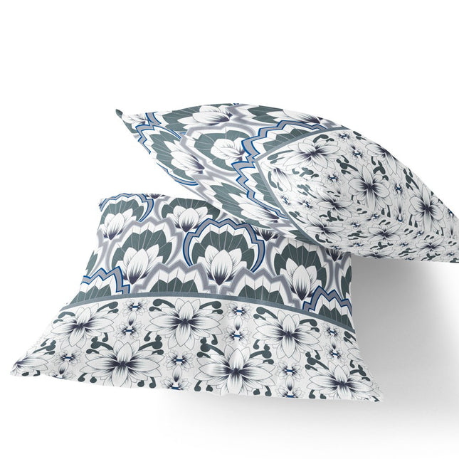 Set of Two Gray And Blue Floral Indoor Outdoor Throw Pillow