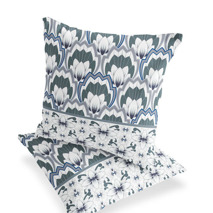 Set of Two Gray And Blue Floral Indoor Outdoor Throw Pillow