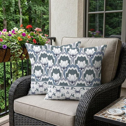 Set of Two Gray And Blue Floral Indoor Outdoor Throw Pillow HomeRoots