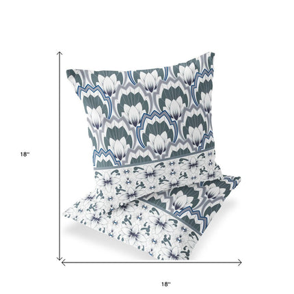 Set of Two Gray And Blue Floral Indoor Outdoor Throw Pillow HomeRoots