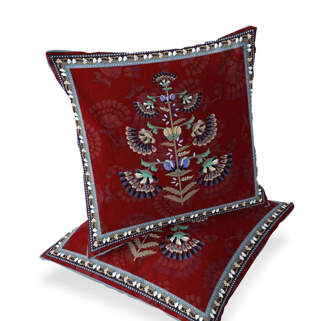 Set of Two Red Cream And Blue Botanical Indoor Outdoor Throw Pillow