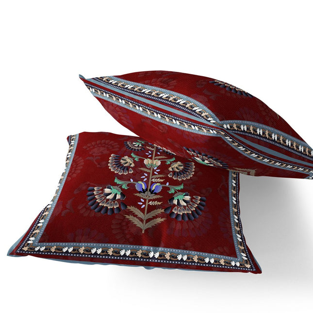 Set of Two Red Cream And Blue Botanical Indoor Outdoor Throw Pillow