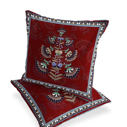 Set of Two Red Cream And Blue Botanical Indoor Outdoor Throw Pillow HomeRoots