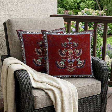 Set of Two Red Cream And Blue Botanical Indoor Outdoor Throw Pillow