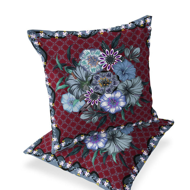 Set of Two Red And Gray Floral Indoor Outdoor Throw Pillow