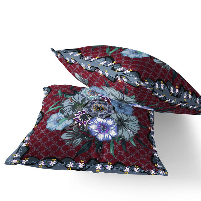 Set of Two Red And Gray Floral Indoor Outdoor Throw Pillow