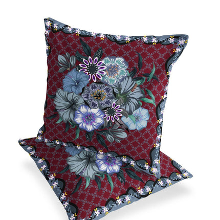 Set of Two Red And Gray Floral Indoor Outdoor Throw Pillow