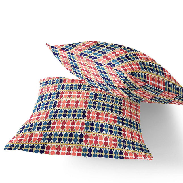 Set of Two Red Blue And Orange Striped Indoor Outdoor Throw Pillow
