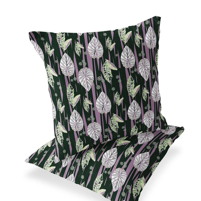 Set of Two Purple And Dark Green Botanical Indoor Outdoor Throw Pillow