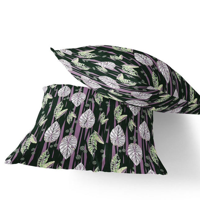 Set of Two Purple And Dark Green Botanical Indoor Outdoor Throw Pillow
