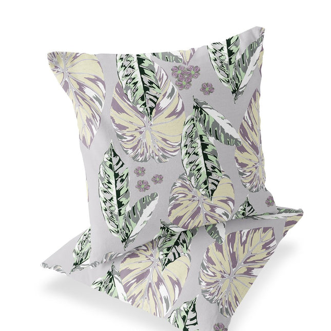 Set of Two Gray Green And Purple Botanical Indoor Outdoor Throw Pillow