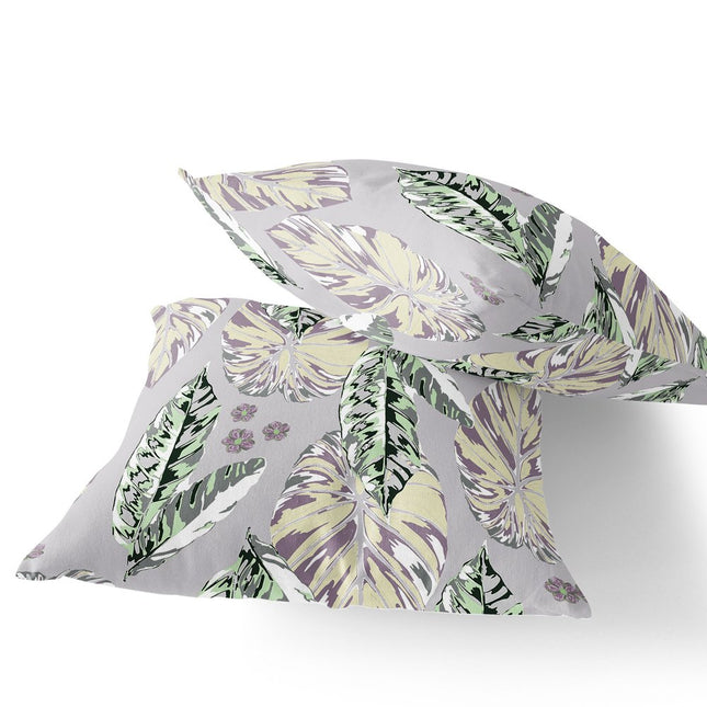 Set of Two Gray Green And Purple Botanical Indoor Outdoor Throw Pillow