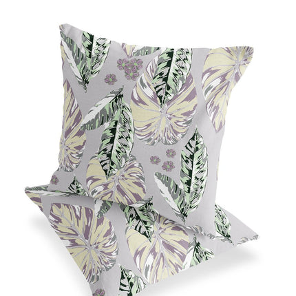 Set of Two Gray Green And Purple Botanical Indoor Outdoor Throw Pillow HomeRoots