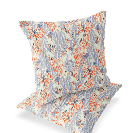 Set of Two Orange Blue And White Botanical Indoor Outdoor Throw Pillow