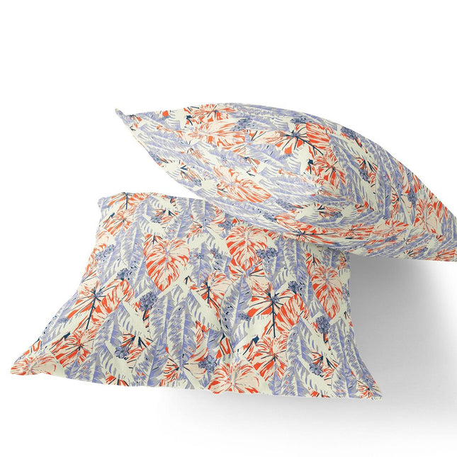 Set of Two Orange Blue And White Botanical Indoor Outdoor Throw Pillow