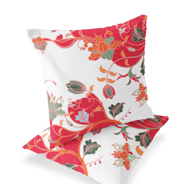 Set of Two Red And White Floral Indoor Outdoor Throw Pillow