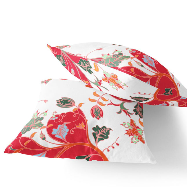 Set of Two Red And White Floral Indoor Outdoor Throw Pillow