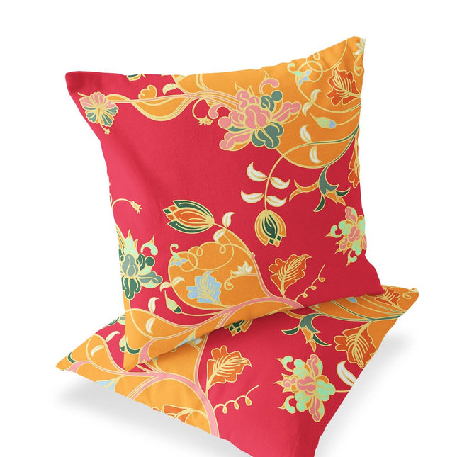 Set of Two Yellow Red And Green Floral Indoor Outdoor Throw Pillow